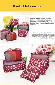 Detailed size specifications for red polka dot travel luggage organizers in a 6-piece set