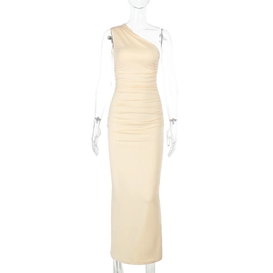 Detail of ruched beige one-shoulder evening dress with elegant slim fit draping