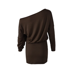 Detail view of the back of a dark brown off-the-shoulder long sleeve bodycon dress