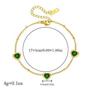 Golden stainless steel heart pendant bracelet with emerald green gemstone and size details