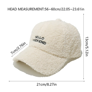 Detailed size guide for beige fleece baseball cap with HELLO WEEKEND embroidery