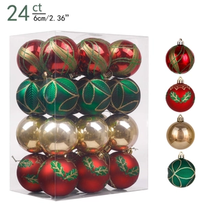 Detailed view of 24ct 6cm painted Christmas ball ornaments in red, green and gold set
