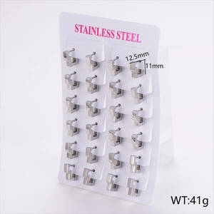 Detail of 12 pairs of square stainless steel hoop earrings with size and weight specs