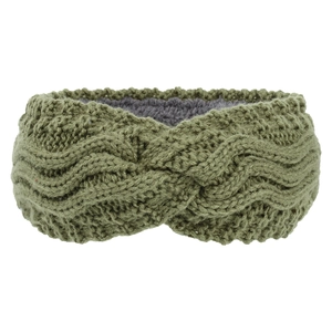 Detail of olive green knit headband with warm grey fleece lining and twist design