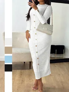 Womens Long Sleeve Knit Midi Dress Polyester Spandex Bodycon Button Front Crew Neck Ribbed Elegant