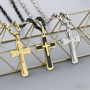 Double Layer Cross Pendant Necklace Stainless Steel Hip Hop Punk Religious Jewelry For Men