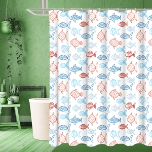 Detail of waterproof shower curtain featuring red and blue fish patterns with metal hooks
