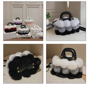 Detail view of plush patchwork handbag showing metal studs and detachable shoulder strap