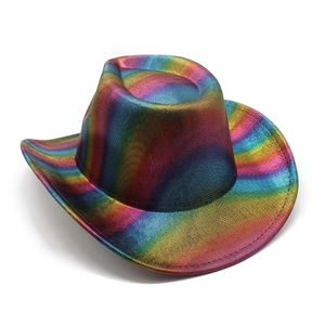 Detailed close-up of rainbow metallic western cowboy hat with iridescent finish for parties