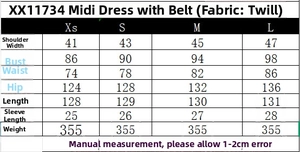 Detailed size chart for poplin midi dress with belt showing shoulder and chest measurements