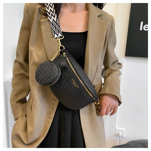 Detail of black woven crossbody chest bag with round coin purse and geometric strap