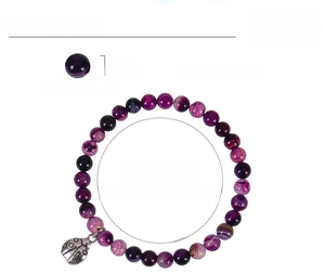 Detailed view of 6mm purple agate bead bracelet with ladybug charm and product specs