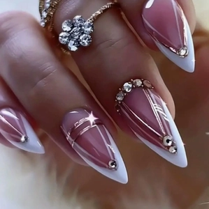 Press On Nails French Tip Rhinestone Gold Line Almond Shape Detachable Manicure Artificial Fake Nails For Women