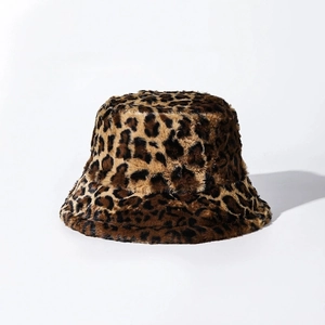 Winter warm leopard print faux fur bucket hat with soft plush texture for women
