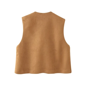 Detailed back view of a brown faux suede embroidered vest on a clean white background