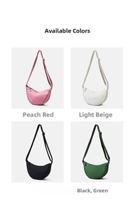 Collage of four minimalist nylon crescent bags in pink, beige, black, and green colors