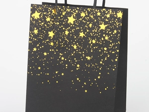 Detail of black paper gift bag with metallic gold star foil patterns and rope handles