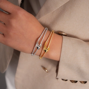 Elegant 18k gold and silver plated double-layer knot bracelets with sparkling zircon