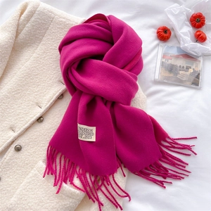 Detail of rose red cashmere feel scarf with tassels and white logo tag on wool coat