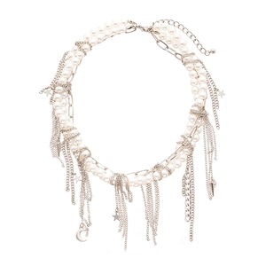 Layered faux pearl and silver chain necklace with moon and star fringe pendants