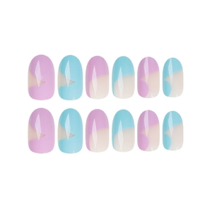 Pastel macaron false nails set with geometric pink and blue color-blocked design