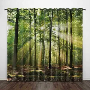 Blackout curtains featuring a lush 3D forest trees landscape print in vibrant green tones