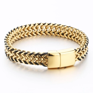 Men's titanium steel double-row woven leather bracelet with gold magnetic clasp