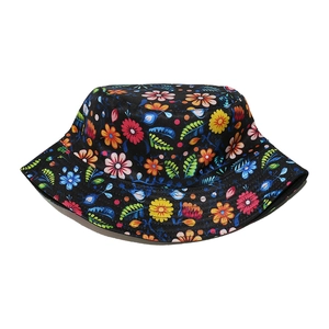 Women's summer black sun hat with colorful floral patterns and wide brim design