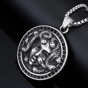 Silver Medusa pendant necklace with black crystals and cuban chain for unisex hip-hop style