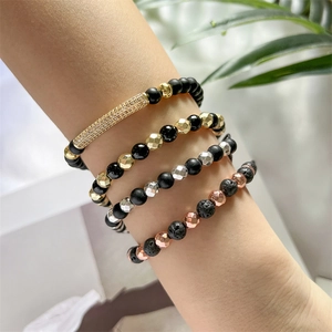 Men's adjustable 6mm black hematite beaded bracelets with micro-pave zircon long tube charm