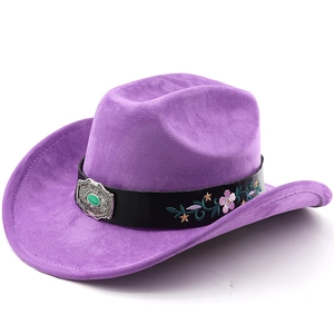 Detail of purple faux suede cowboy hat with turquoise buckle and floral embroidery