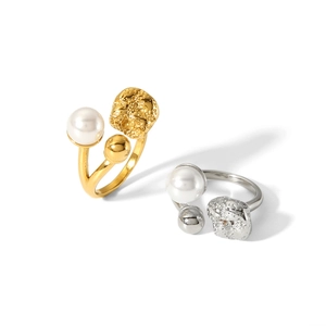 French vintage 18K gold and silver stainless steel open rings with pearls for women