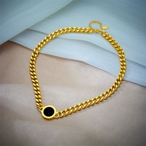Punk style titanium steel gold Cuban chain necklace with a black Roman numeral pendant