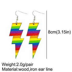 Detail view of rainbow lightning wood earrings with weight and size specifications