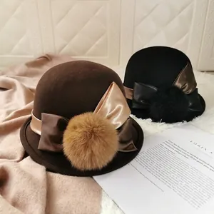 Elegant wool felt cloche hats for women with satin bow and fur ball in brown and black