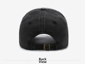 Rear view of washed cotton baseball cap with adjustable antique brass metal buckle
