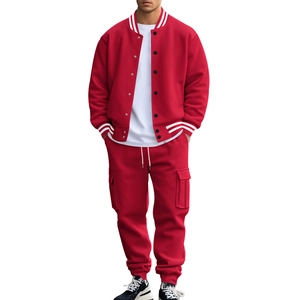 Detail view of red men's baseball jacket and drawstring pants two-piece sports tracksuit