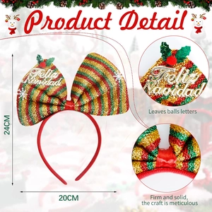Grand Serre-tête à Nœud de Paillettes de Noël Rayé Feliz Navidad Serre-tête pour Fête Festive Rassemblement Vacances Accessoires de Cheveux
