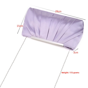 Detailed size specifications of the lavender pleated satin evening clutch bag