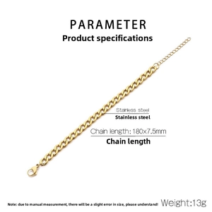 Detail of 180x7.5mm gold stainless steel cuban chain bracelet with lobster clasp