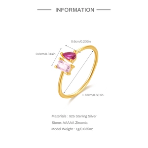 Detailed view of S925 sterling silver ring dimensions with pink and purple zircons