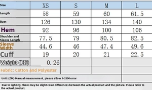 Detailed size guide for women's bomber jacket with bust and length measurements