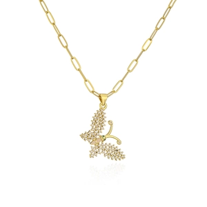 Gold 18K plated butterfly pendant necklace with zircon stones on paperclip chain