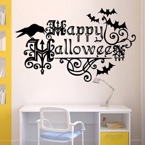 Self-adhesive black PVC wall stickers with Happy Halloween text, bats and crows silhouettes