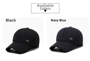 Detail view of winter baseball caps with metal mountain logo in black and navy blue