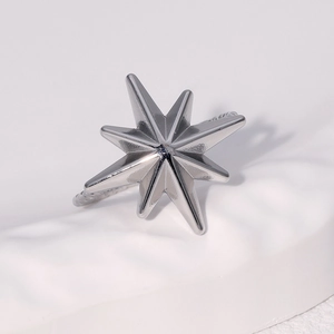 Elegant silver stainless steel eight-pointed star ring with a twisted rope band design