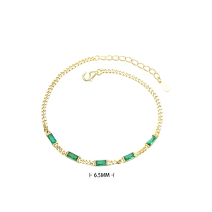 Detail view of gold chain bracelet with five square green zircons and 6.5mm width mark