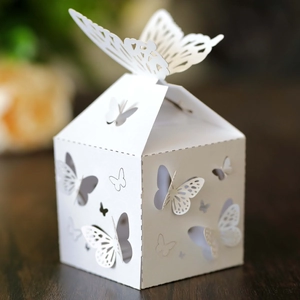 Nahaufnahme der weißen Laser-Schnitt Hochzeitsschachtel mit elegantem 3D-Schmetterling