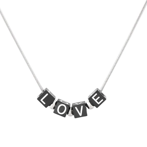 DIY LOVE letter cube pendant necklace with silver snake chain and black square beads