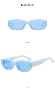 Blue rectangular narrow frame sunglasses shown in positive and side views